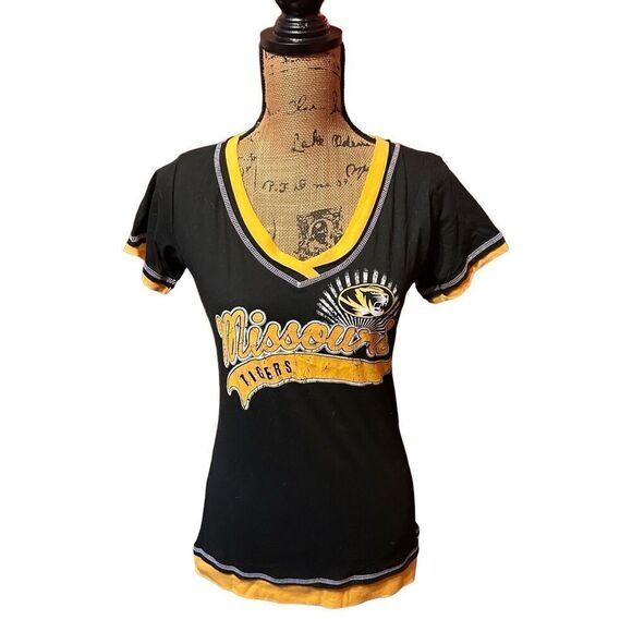 Womens Size Medium Black Missouri Tigers Mizzou V Neck Short Sleeve T Shirt - Picture 1 of 4